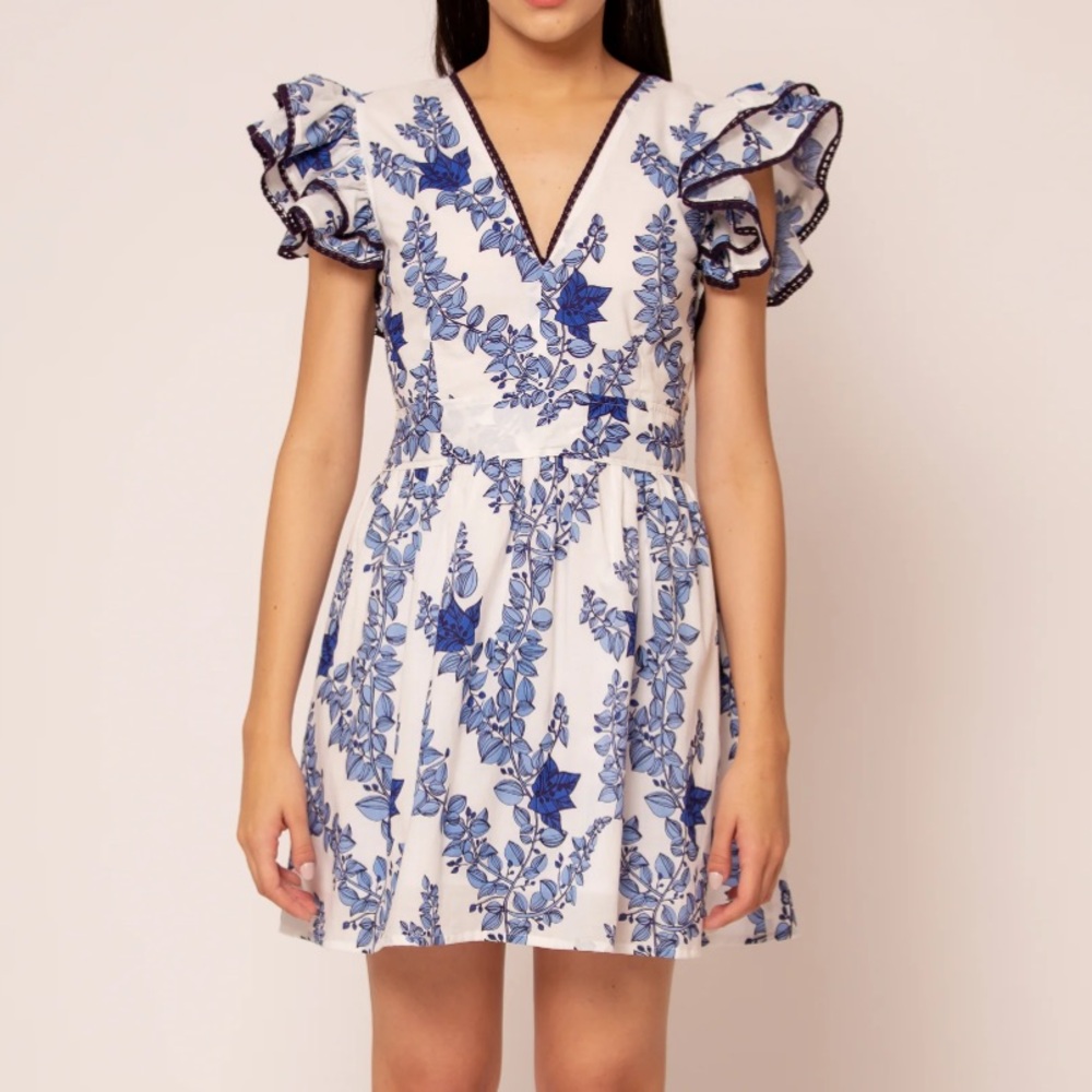 NWT BEYOND by Vera Chloe Dress Blue bougainvillea Sz S Ruffle Cottagecore French